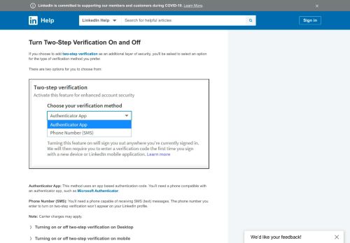 
                            9. Turning Two-Step Verification On and Off | LinkedIn Help