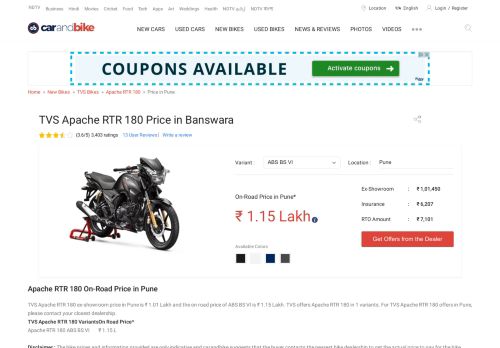 
                            12. TVS Apache RTR 180 Price in Banswara: Get On Road Price of TVS ...