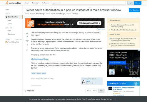 
                            2. Twitter oauth authorization in a pop-up instead of in main browser ...
