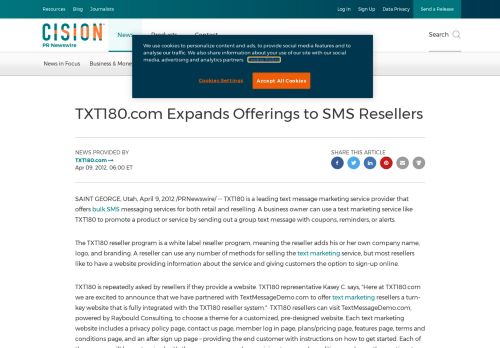 
                            13. TXT180.com Expands Offerings to SMS Resellers - PR Newswire
