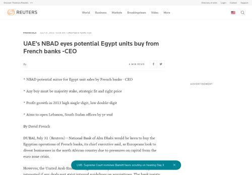 
                            13. UAE's NBAD eyes potential Egypt units buy from French banks -CEO