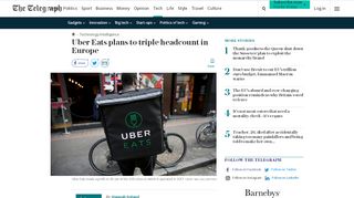 
                            10. Uber Eats plans to triple headcount in Europe - The Telegraph