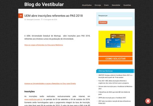 
                            10. UEM abre inscrições referentes ao PAS 2018 - Blog do Vestibular