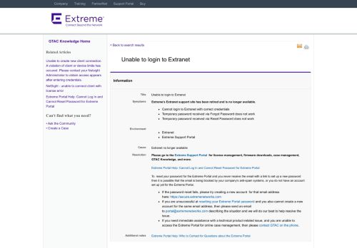 
                            12. Unable to login to Extranet - GTAC Knowledge - Extreme Networks