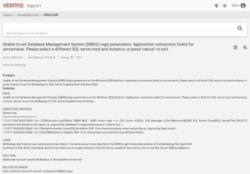 
                            11. Unable to set Database Management System (DBMS) login ... - Veritas