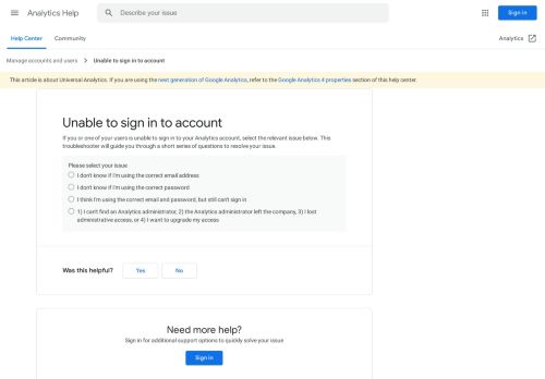 
                            2. Unable to sign in to account - Analytics Help - Google Support