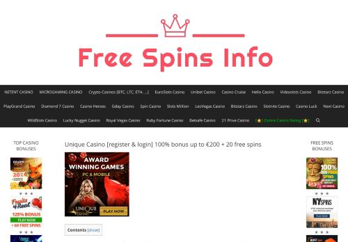 
                            7. Unique Casino [register & login] 100% bonus up to €200 + 20 free spins