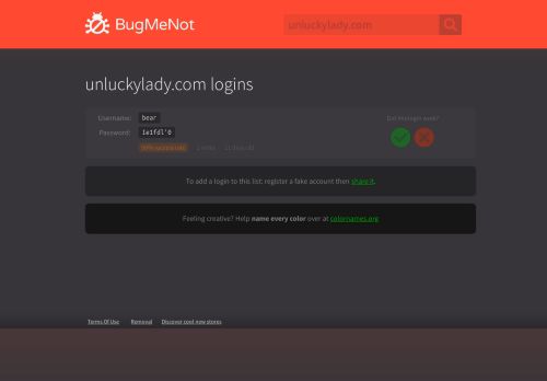 
                            1. unluckylady.com passwords - BugMeNot