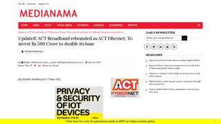 
                            11. Updated: ACT Broadband rebranded as ACT Fibernet; To invest Rs ...