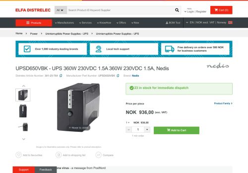 
                            13. UPSD650VBK | Buy UPS 360 W 230 VDC 1.5 A | Nedis | Elfa - Distrelec