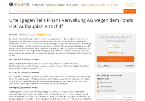 
                            6. Urteil gegen Telis Finanz Verwaltung AG wegen dem Fonds HSC ...