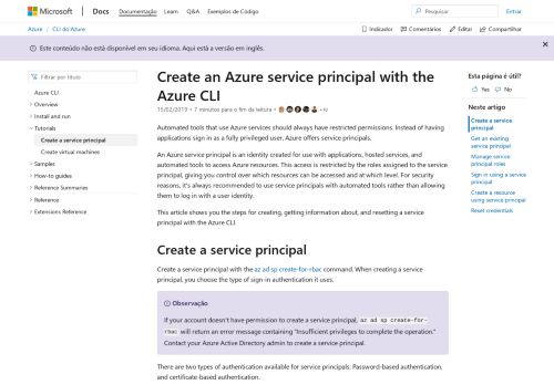 
                            6. Usar entidades de serviço do Azure com a CLI do Azure | Microsoft Docs