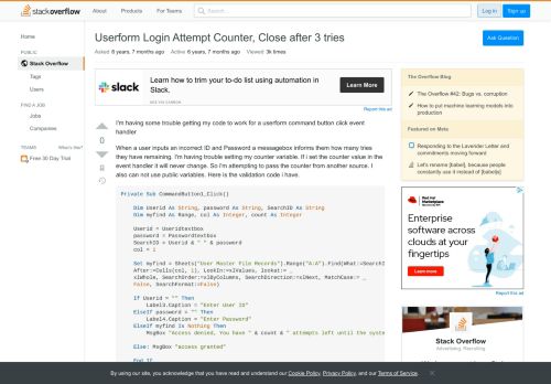 
                            1. Userform Login Attempt Counter, Close after 3 tries - Stack Overflow