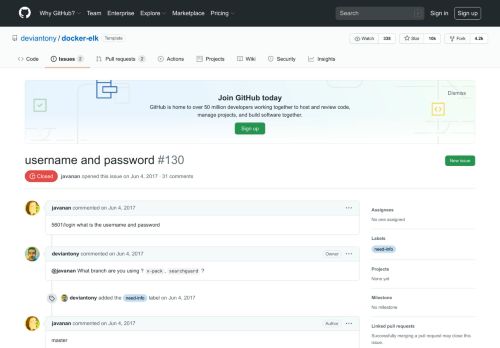 
                            5. username and password · Issue #130 · deviantony/docker-elk · GitHub