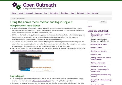 
                            4. Using the admin menu toolbar and log in/log out | Open Outreach