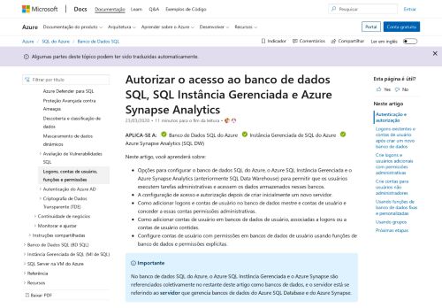 
                            1. Usuários e logons do SQL do Azure | Microsoft Docs