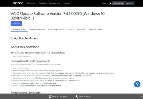 
                            7. VAIO Update Software Version 7.3.0.03150 (Windows 32bit/64bit) - Sony