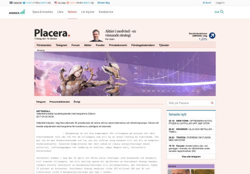 
                            13. Vattenfall breddar kunderbjudandet med bergvärme | Placera - Avanza