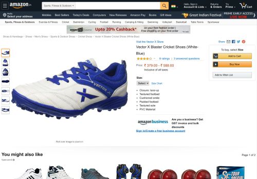 
                            12. Vector X Blaster Cricket Shoes (White-Blue): Buy Online at Low ...