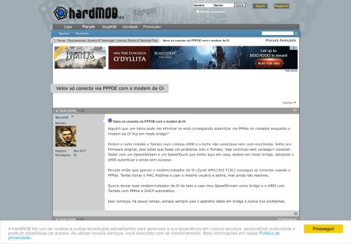 
                            12. Velox só conecta via PPPOE com o modem da Oi - hardMOB
