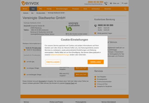 
                            5. VereinigteStadtwerke (Gastarife und Gaspreise) - Verivox