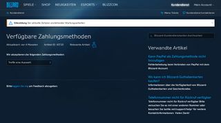 
                            6. Verfügbare Zahlungsmethoden - Blizzard-Kundendienst