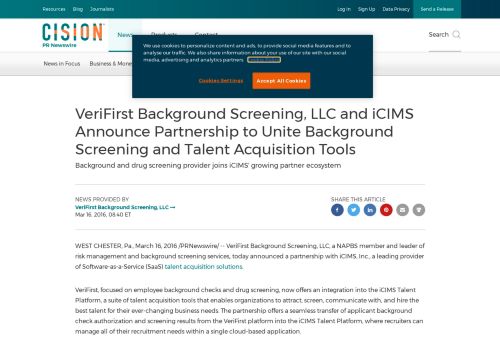 
                            11. VeriFirst Background Screening, LLC and iCIMS Announce ...