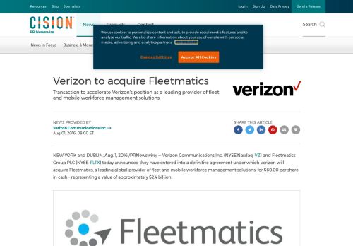
                            12. Verizon to acquire Fleetmatics - PR Newswire