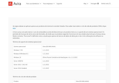 
                            12. Vida útil dos produtos Avira