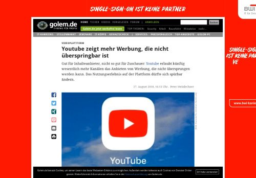 
                            12. Videoplattform: Youtube zeigt mehr Werbung, die nicht überspringbar ...