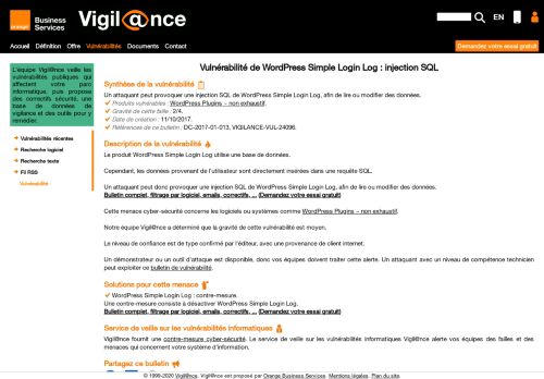
                            2. Vigil@nce vulnérabilité - WordPress Simple Login Log : injection SQL