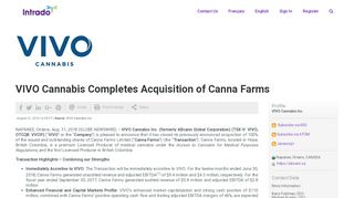 
                            8. VIVO Cannabis Completes Acquisition of Canna Farms TSX Venture ...
