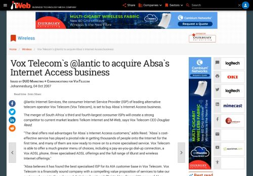 
                            11. Vox Telecom`s @lantic to acquire Absa`s Internet Access business ...