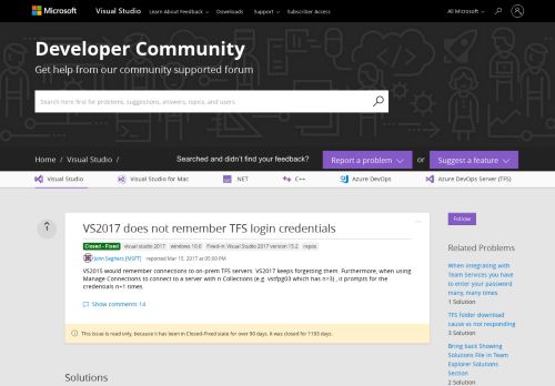 
                            8. VS2017 does not remember TFS login credentials - Developer ...