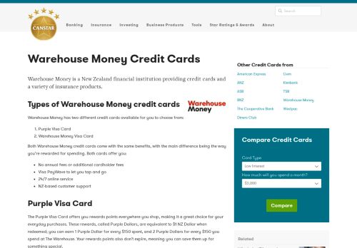 
                            3. Warehouse Money Credit Cards – Review, Compare & Save | Canstar