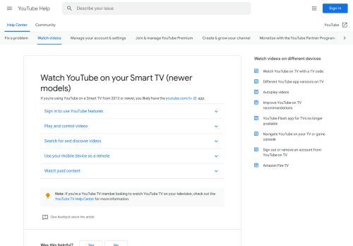 
                            10. Watch YouTube on your TV (newer models) - YouTube Help
