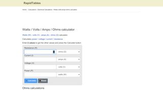 
                            10. Watts/Volts/Amps/Ohms conversion calculator - RapidTables.com