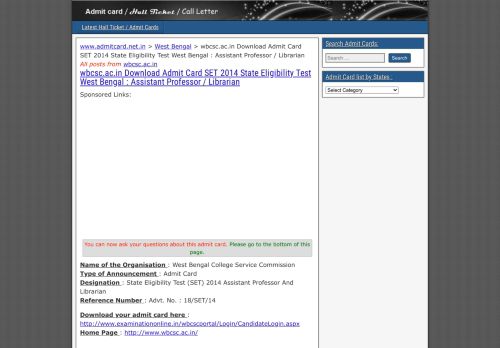 
                            13. wbcsc.ac.in Download Admit Card SET 2014 State Eligibility Test West ...