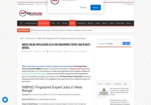 
                            12. WBPSC Online Application 2018 for Fingerprint Expert Jobs in West ...