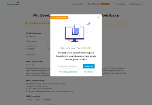 
                            8. Web Development Internship in Bangalore at Web Bazaar | Internshala