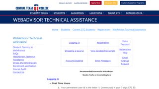 
                            2. WebAdvisor Technical Assistance - Central Texas College