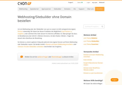 
                            6. Webhosting/Sitebuilder ohne Domain bestellen - Cyon