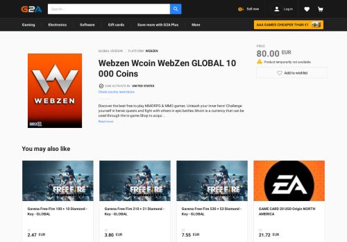 
                            11. Webzen Wcoin WebZen GLOBAL 10 000 Coins - G2A.COM
