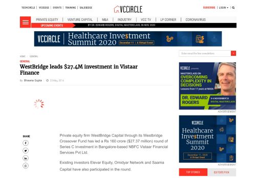 
                            12. WestBridge leads $27.4M investment in Vistaar Finance | VCCircle