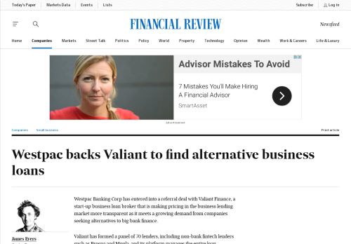 
                            13. Westpac backs Valiant to find alternative business loans