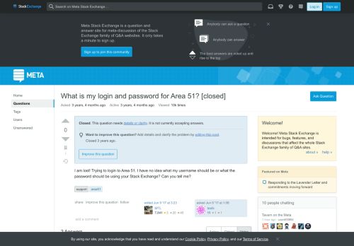 
                            12. What is my login and password for Area 51? - Meta Stack Exchange