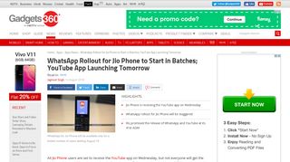 
                            4. WhatsApp Rollout for Jio Phone to Start in Batches; YouTube App ...