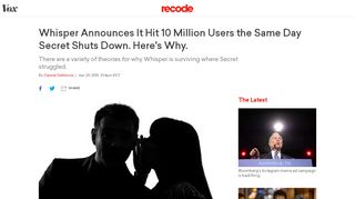 
                            10. Whisper Announces It Hit 10 Million Users the Same Day Secret Shuts ...