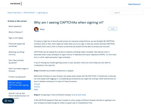 
                            8. Why am I seeing CAPTCHAs when signing in? – Patreon Help Center