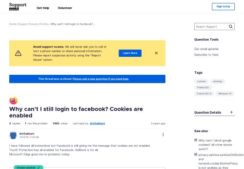 
                            3. Why can't I still login to facebook? Cookies are enabled | ...